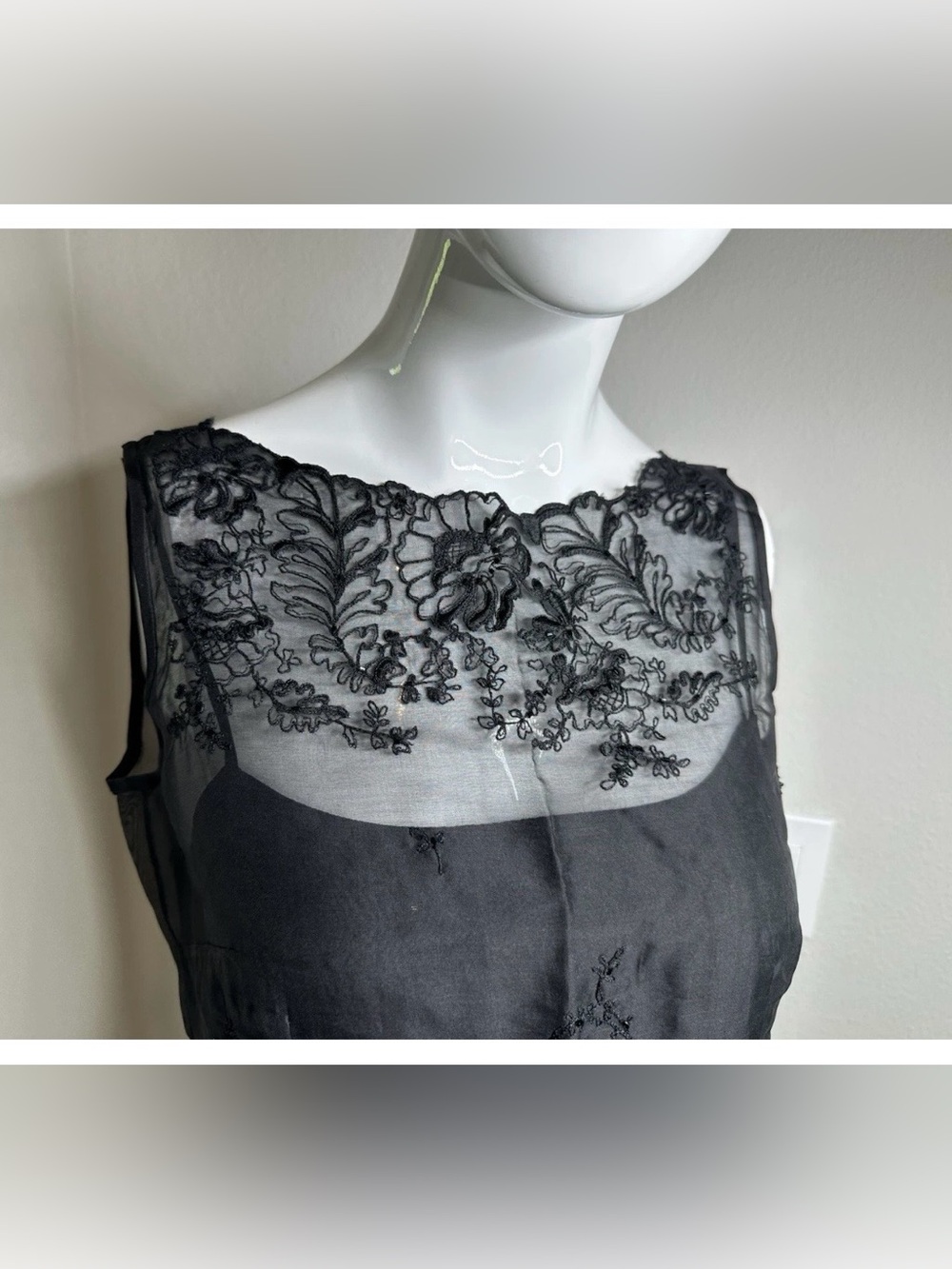 Vintage 90s Silk Sheer Black Organza Floral Beaded Wiggle Cocktail Dress Sz 2 XS
